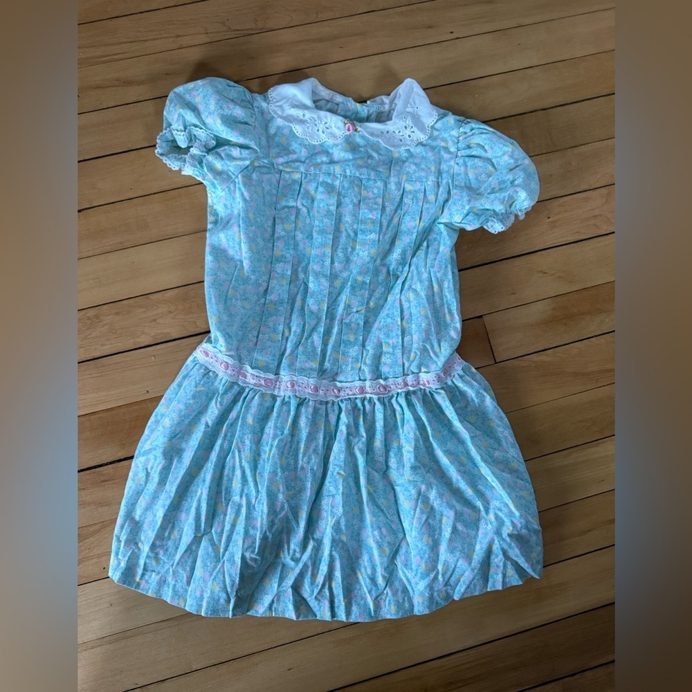 Evy‎ vintage blue floral print lace collar girls dress